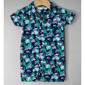 JANIE & JACK Tropical Flamingo Navy Collared Short Romper Boys 18-24 Mo